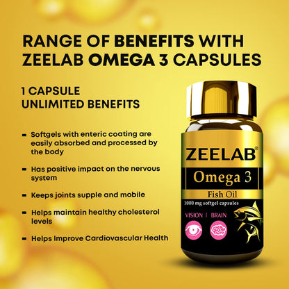 Zeelab Omega 3 Fish Oil Capsules with EPA & DHA â€“ Supports Heart, Brain, Eye, Joint Health â€“ Helps Maintain Cholesterol & Triglyceride Levels â€“ For Men & Women â€“ 1000mg Softgels