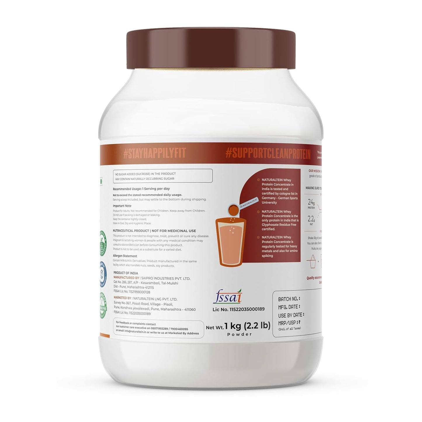 NATURALTEIN Natural Whey Protein Concentrate â€“ 1 kg (Unflavoured) | 24 g Protein per 30 g Serving | Naturally Flavoured, Non-GMO | No Artificial Sweeteners | Light, Smooth & Easy to Digest