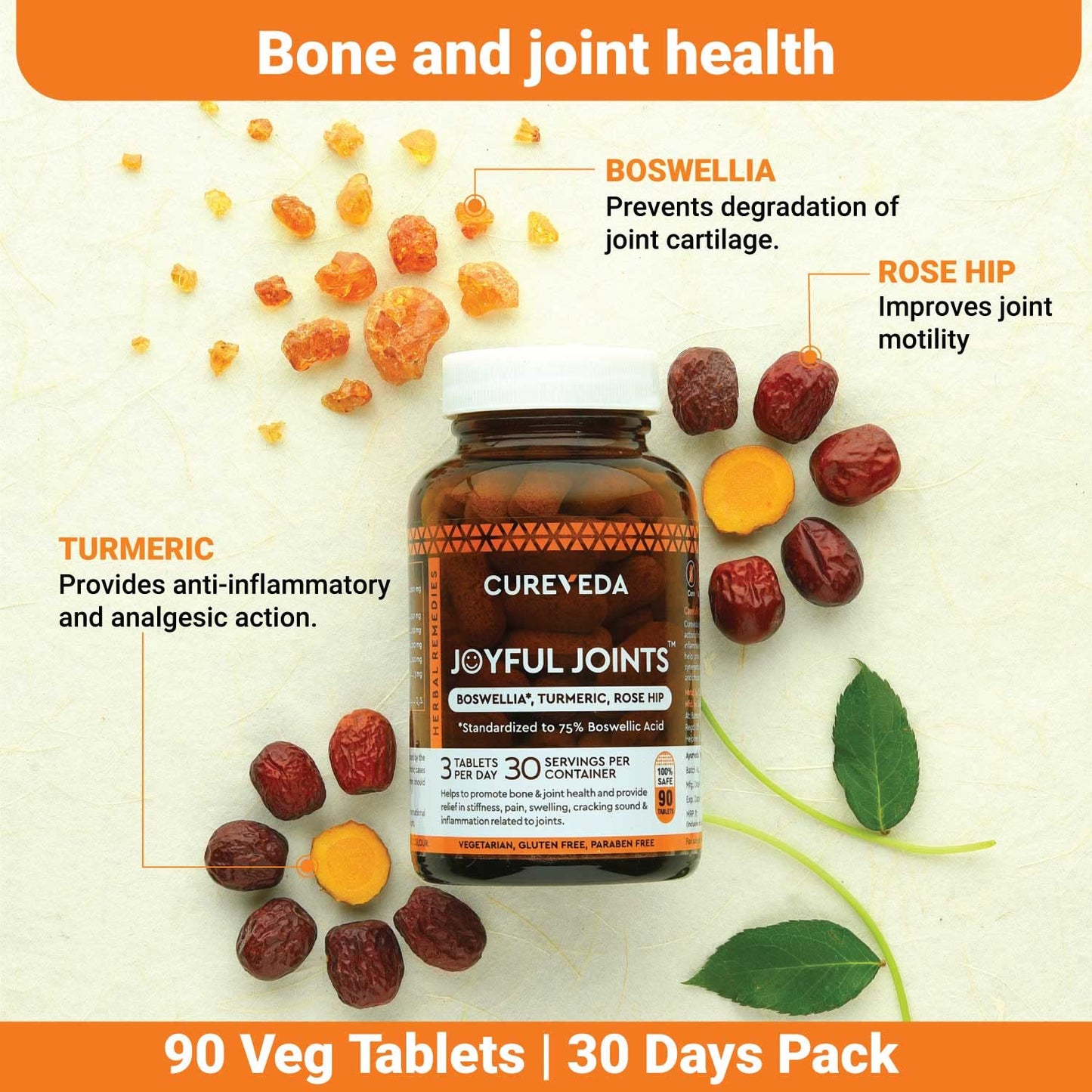 Cureveda Herbal Joyful Joint Support Supplement Tablets For Bone,Joint Wellness (60 Tablets)