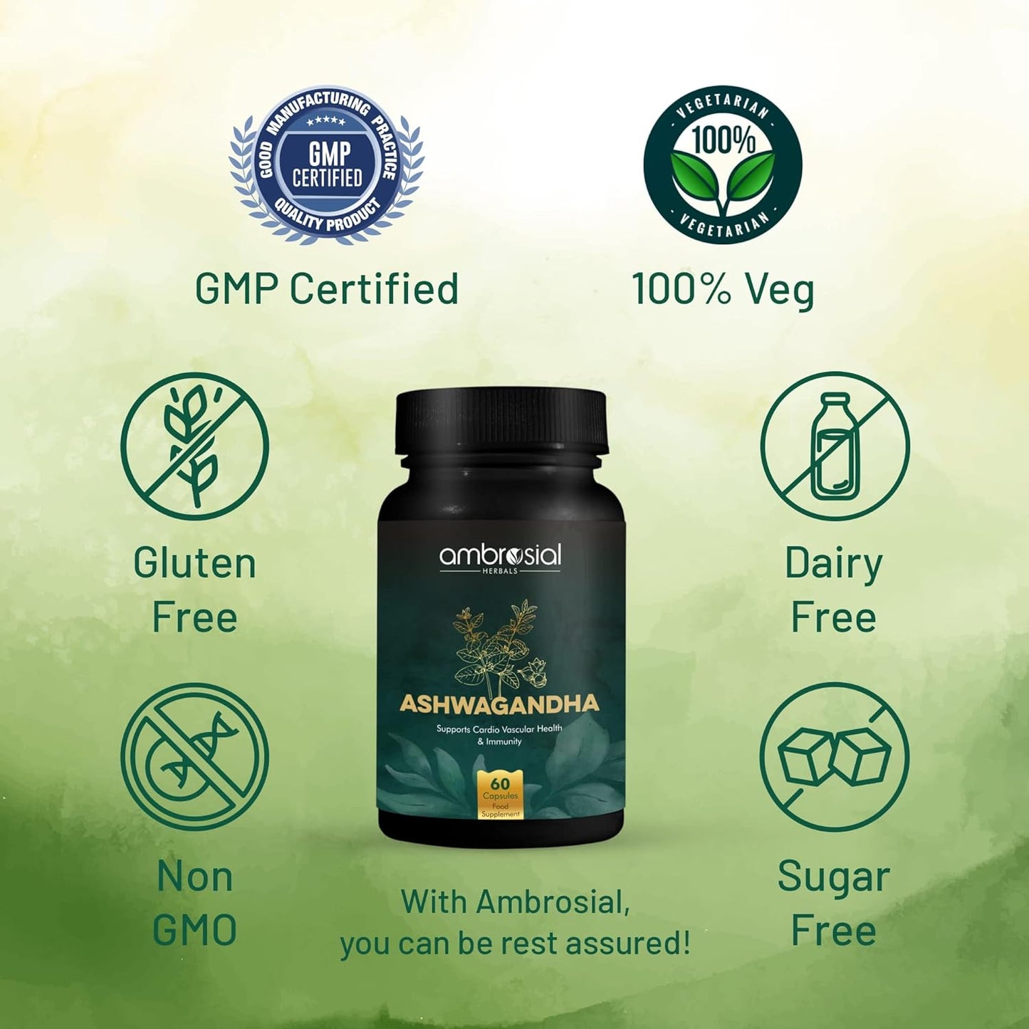 Ambrosial Ashwagandha 500mg | Herbal Supplement | 100% Natural & Vegan | High Strength | Immunity Support (Pack of 1-60 Capsules)