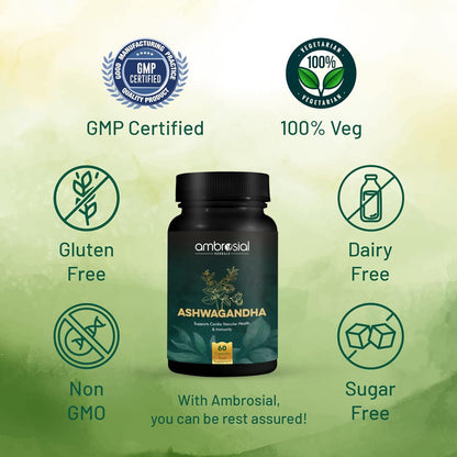 Ambrosial Ashwagandha 500mg | Herbal Supplement | 100% Natural & Vegan | High Strength | Immunity Support (Pack of 1-60 Capsules)