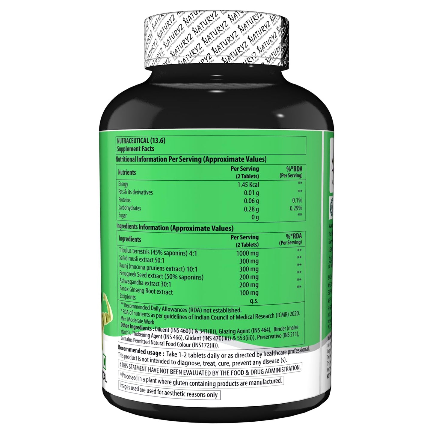 Naturyz Testo-6 Plant based Supplement For Men 2100mg per serving with Maximum Strength 1000mg Tribulus Terrestris, Safed Musli, Kaunj, Ashwagandha, Fenugreek & Panax Ginseng for Muscle gain, Stamina & Strength - 50 Tablets