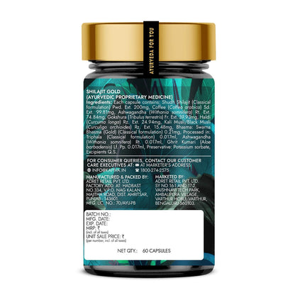 Kapiva Shilajit/Shilajeet Gold 60 Capsules | Contains 24 Carat Gold | For Stamina, Muscle Growth & Energy | Ashwagandha, Gokshura, Safed Musali & Other Action Herbs & 100% Ayurvedic