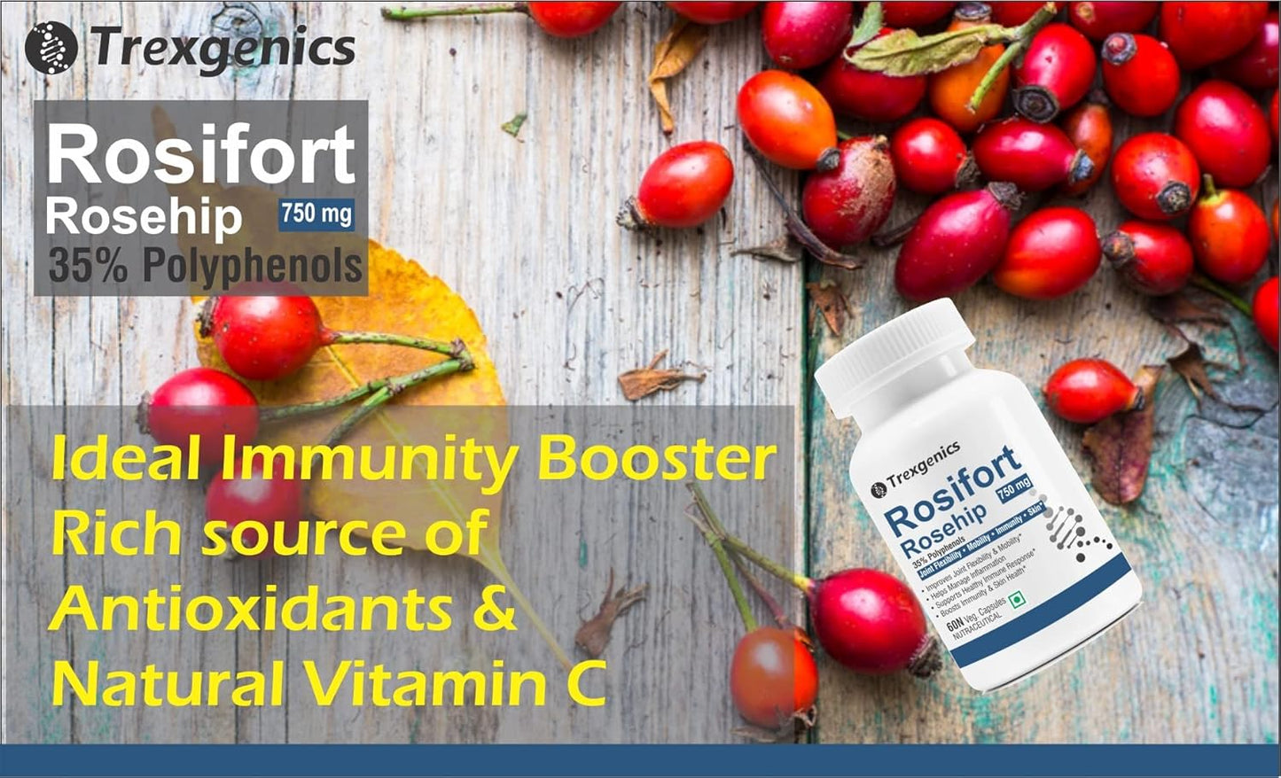 Trexgenics ROSIFORTE Rosehip 35% Polyphenols 750 mg Immunity, Skin, Joint Pain Support VEGAN & NON-GMO (60 Veg. Capsules) (Pack of 1)