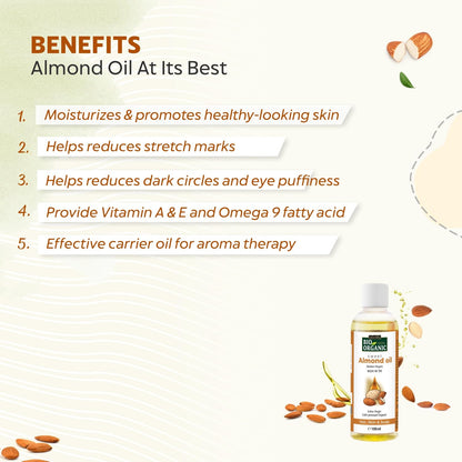INDUS VALLEY Bio Organic Cold Pressed Almond Oil for Soft & Shiny Hair, Glowing Skin, Hair Damage Protection, Pure Roghan Badam Oil (Tail) for Baby Massage - 100ml