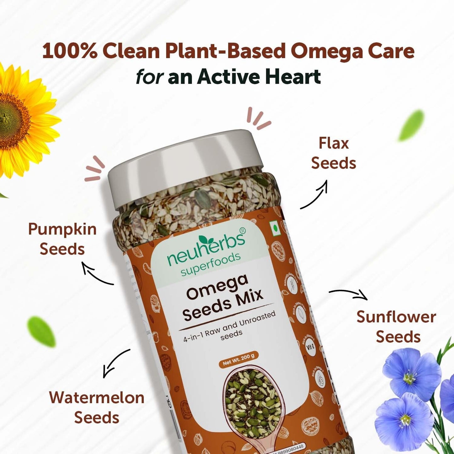 Neuherbs Omega-3 Fiber 4-in-1 raw & Unroasted seeds mix 200g | Diet snacks | Super Seeds Mix For Eating | Healthy Food For Weight Management, Heart,Good Skin