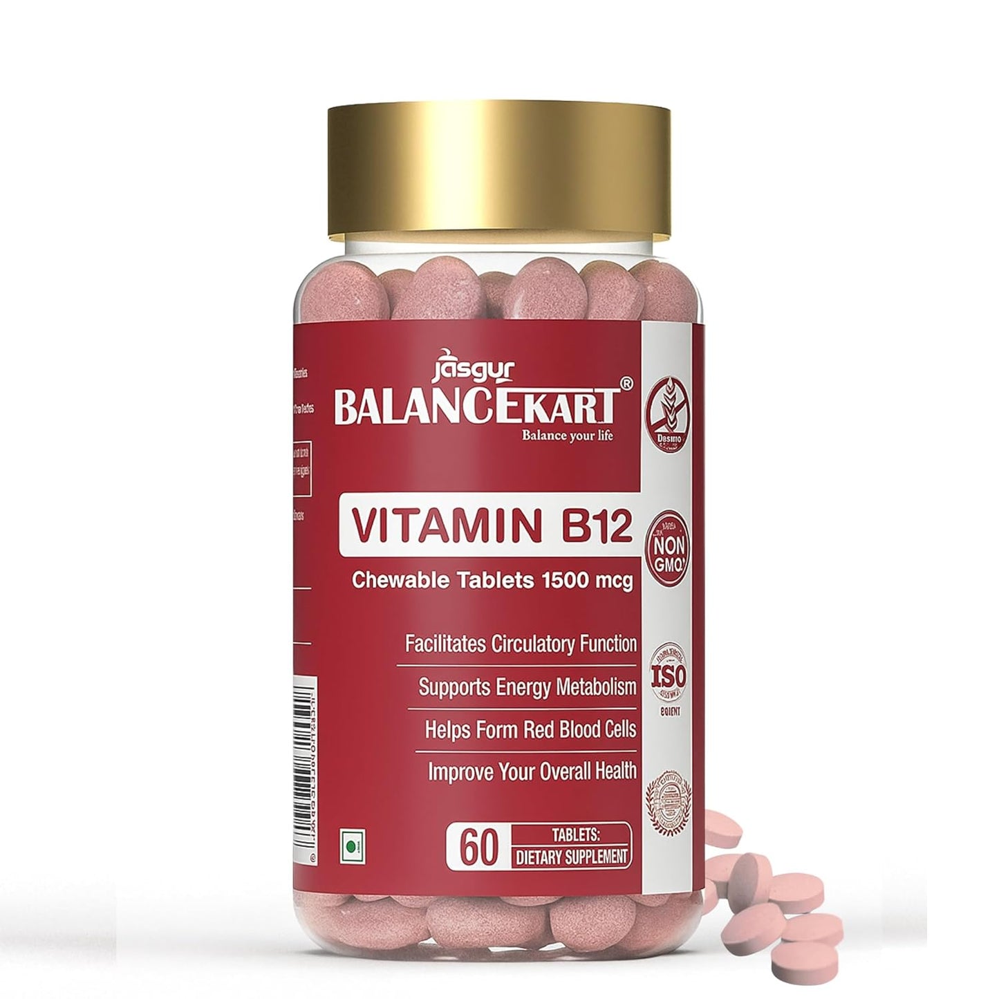Balancekart Vitamin B12 Supplements for Men & Women, 1500mcg Vitamin B12 Tablets to Improve Red Blood Cell Formation, Boosts Energy Level, 60 Tablets