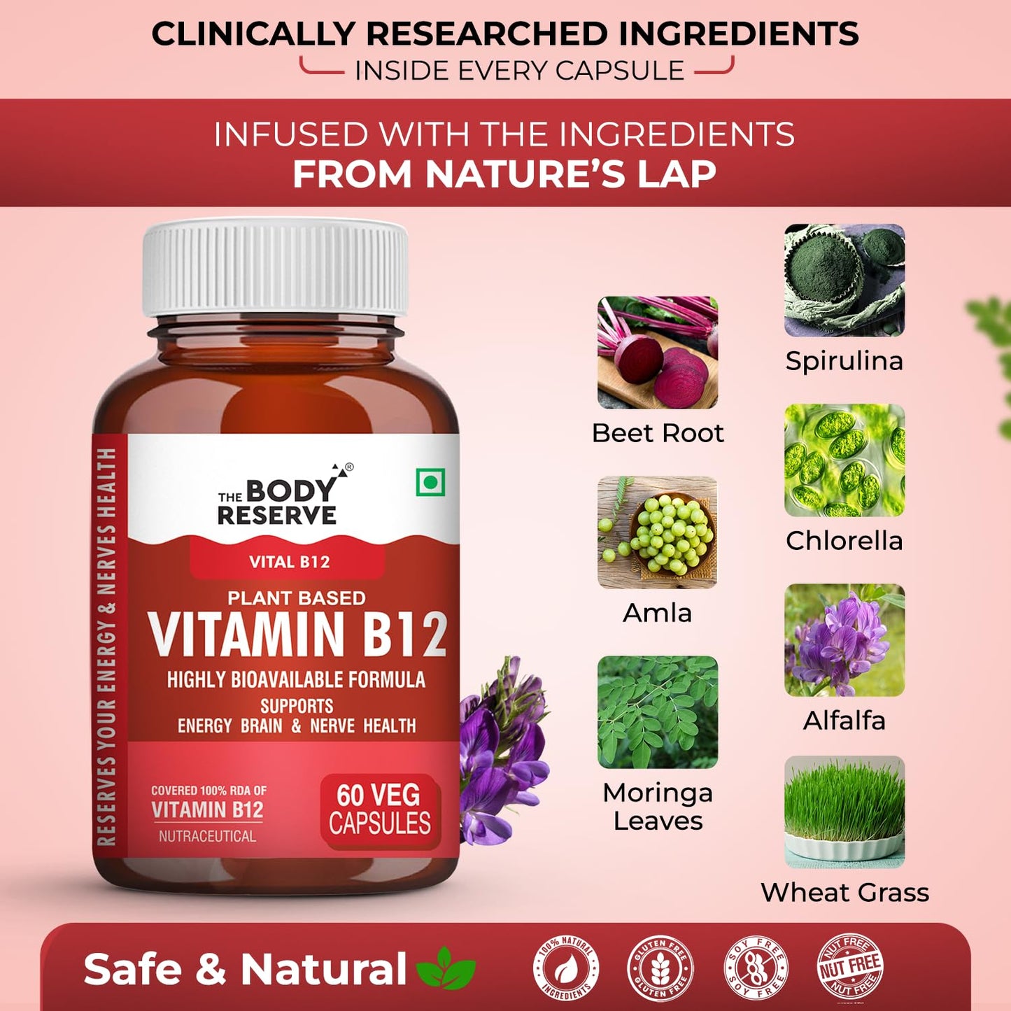 The Body Reserve Plant Based Vitamin B12 Supplement For Men & Women 60 Capsules Organic Vitamin B12 For Nerve And Brain Health Vegan Capsules, Daily One 60 Days Pack