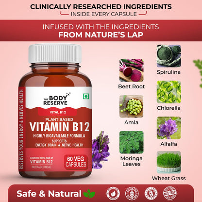 The Body Reserve Plant Based Vitamin B12 Supplement For Men & Women 60 Capsules Organic Vitamin B12 For Nerve And Brain Health Vegan Capsules, Daily One 60 Days Pack