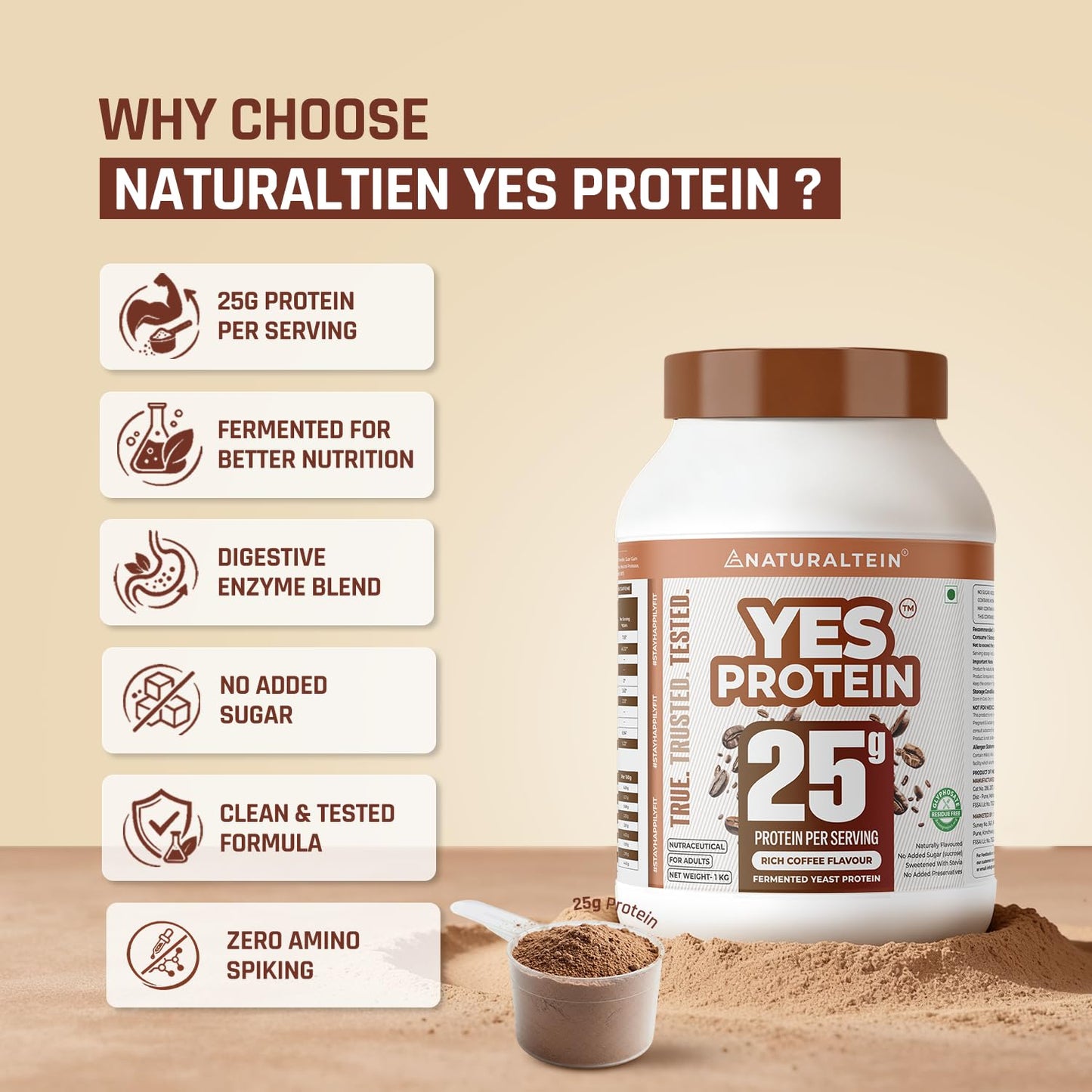 Naturaltein YES Protein 1kg | Fermented Yeast Vegan Protein Powder | Rich Coffee Flavour | 25 g Protein | No Added Sugar | Naturally Sweetened | Digestive Enzymes | Heavy Metal Tested | 28 Servings