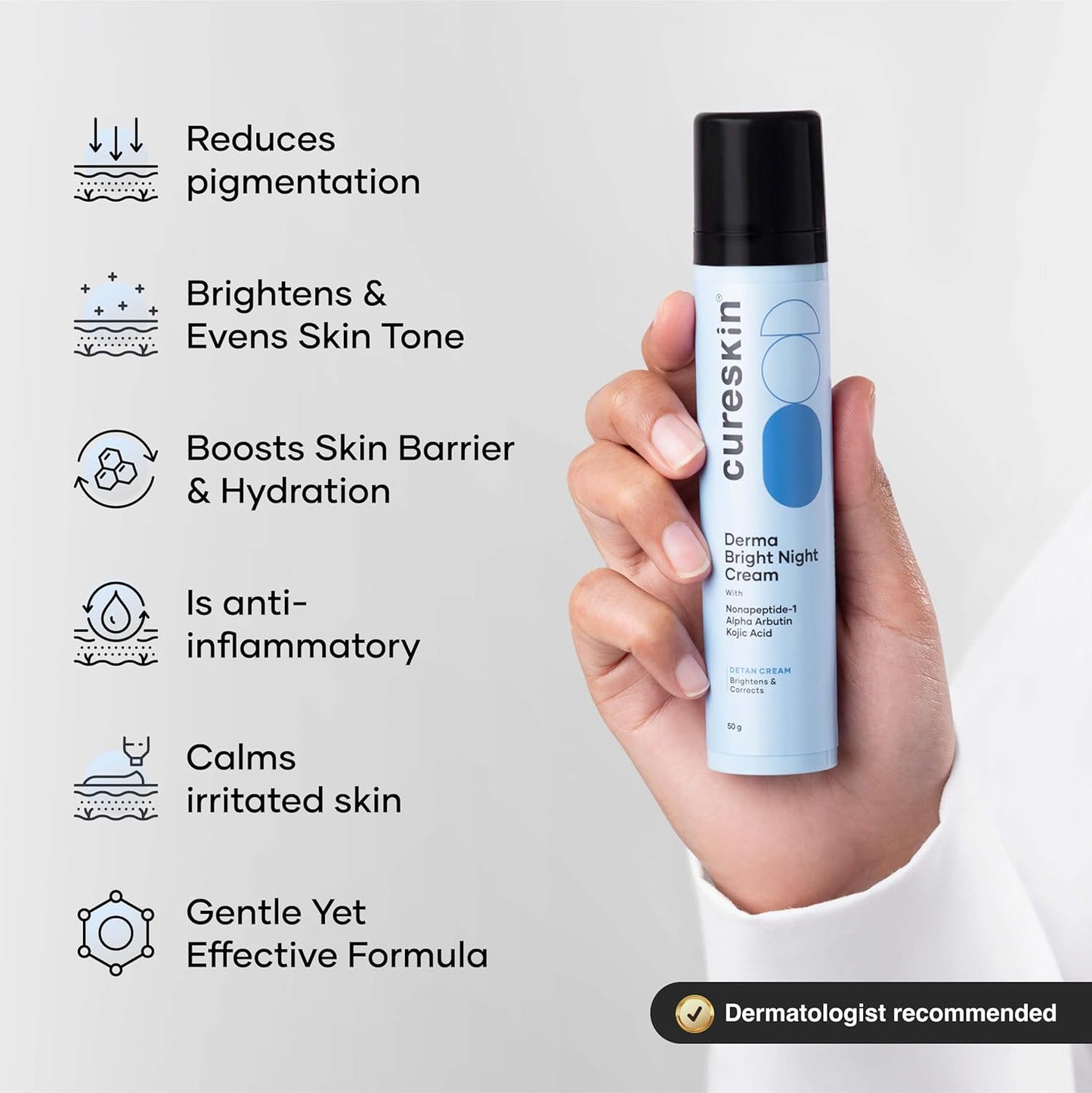 Cureskin Kojic Acid Face Cream for Pigmentation, Tan Removal & Dark Spot Correction | Brightening Night Cream with Alpha Arbutin, Niacinamide & Nonapeptide, 50 g (Pack of 1)