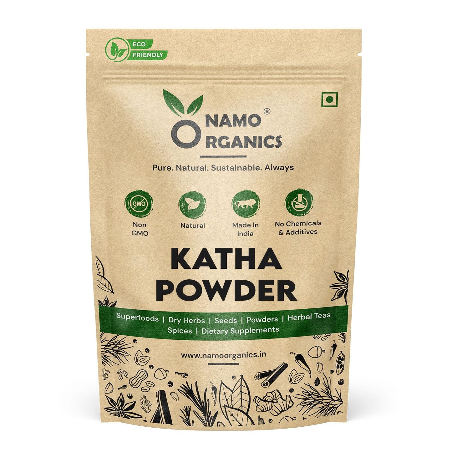 Namo Organics - Katha Powder - 200gm - for Hair Colour | Fresh Catechu in Zipper Pouch