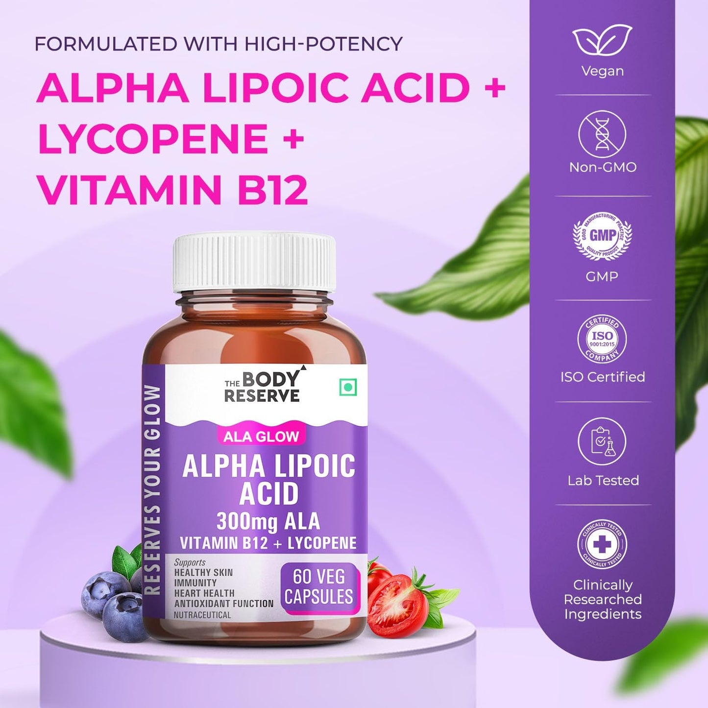 The Body Reserve Alpha Lipoic Acid 300mg with Lycopene & Vitamin B12 | Nerve Health, Energy, Antioxidant & Healthy Blood Sugar Support | Vegan, Non-GMO, 60 Tablets