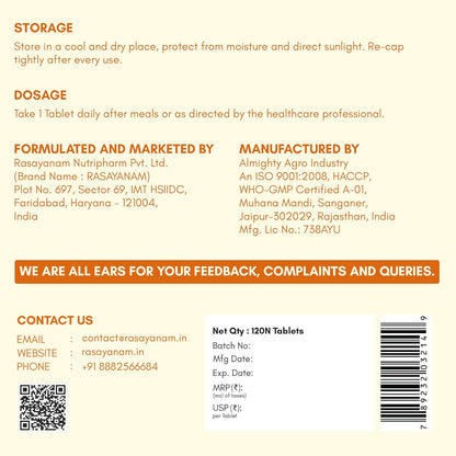 Rasayanam Vitamin D3 K2(MK-7) | 100% Vegan Vitamin D3 | Superior K2(MK-7) from Balchem, USA | For Calcium Utilization, Bone Strength & Heart Health | D3 Supplement For Immunity | 120 Veg Tablets