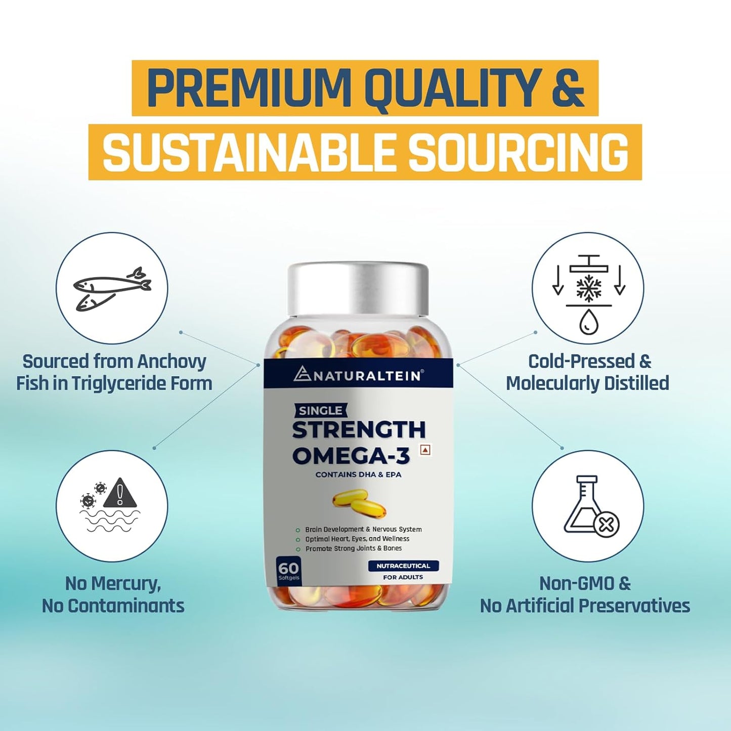 NATURALTEIN Omega 3 Fish Oil â€“ 1000mg per Softgel | 60 Capsules | 180mg EPA & 120mg DHA | With Vitamin E | Premium Triglyceride Form | Supports Heart, Brain & Joint Health | Single Strength Formula
