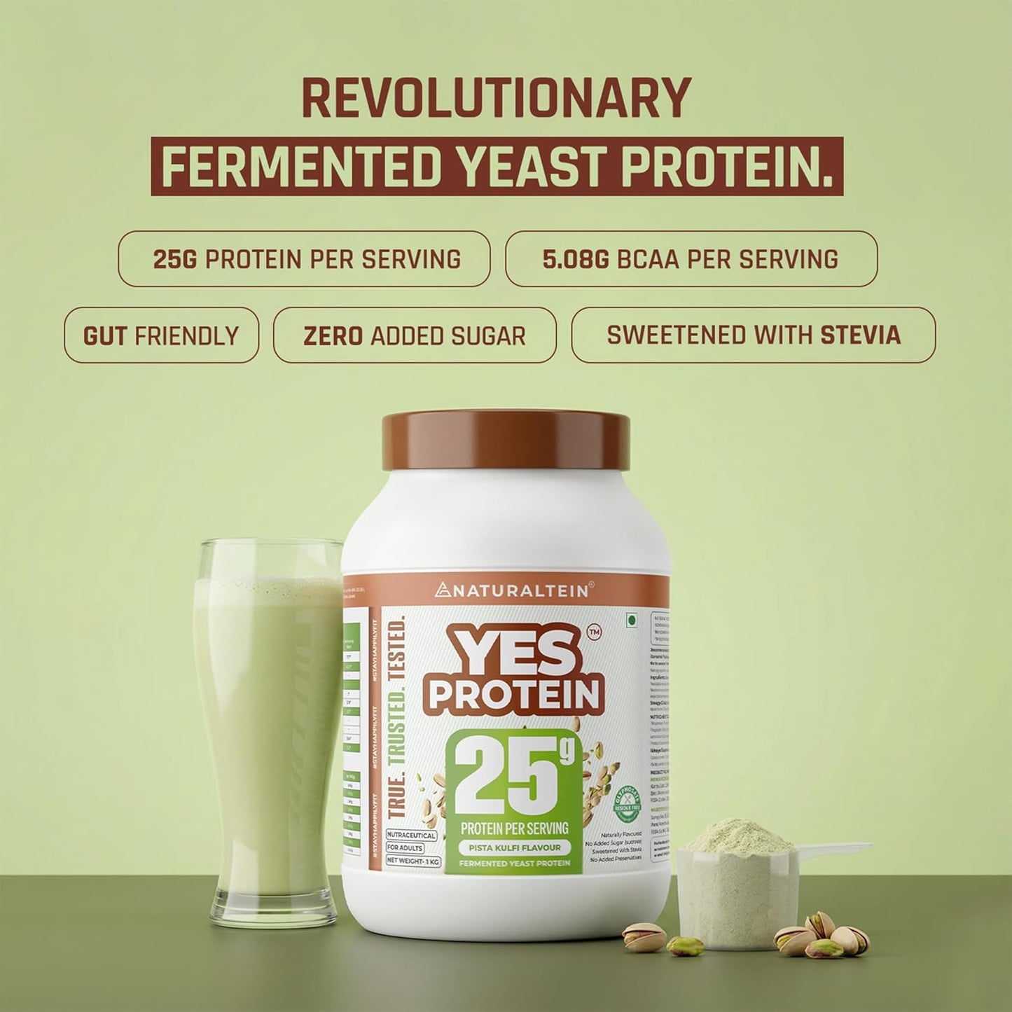 Naturaltein YES Protein 1kg | Fermented Yeast Vegan Protein Powder |Pista Kulfi Flavour| 25 g Protein | No Added Sugar | Naturally Sweetened | Digestive Enzymes | Heavy Metal Tested | 28 Servings
