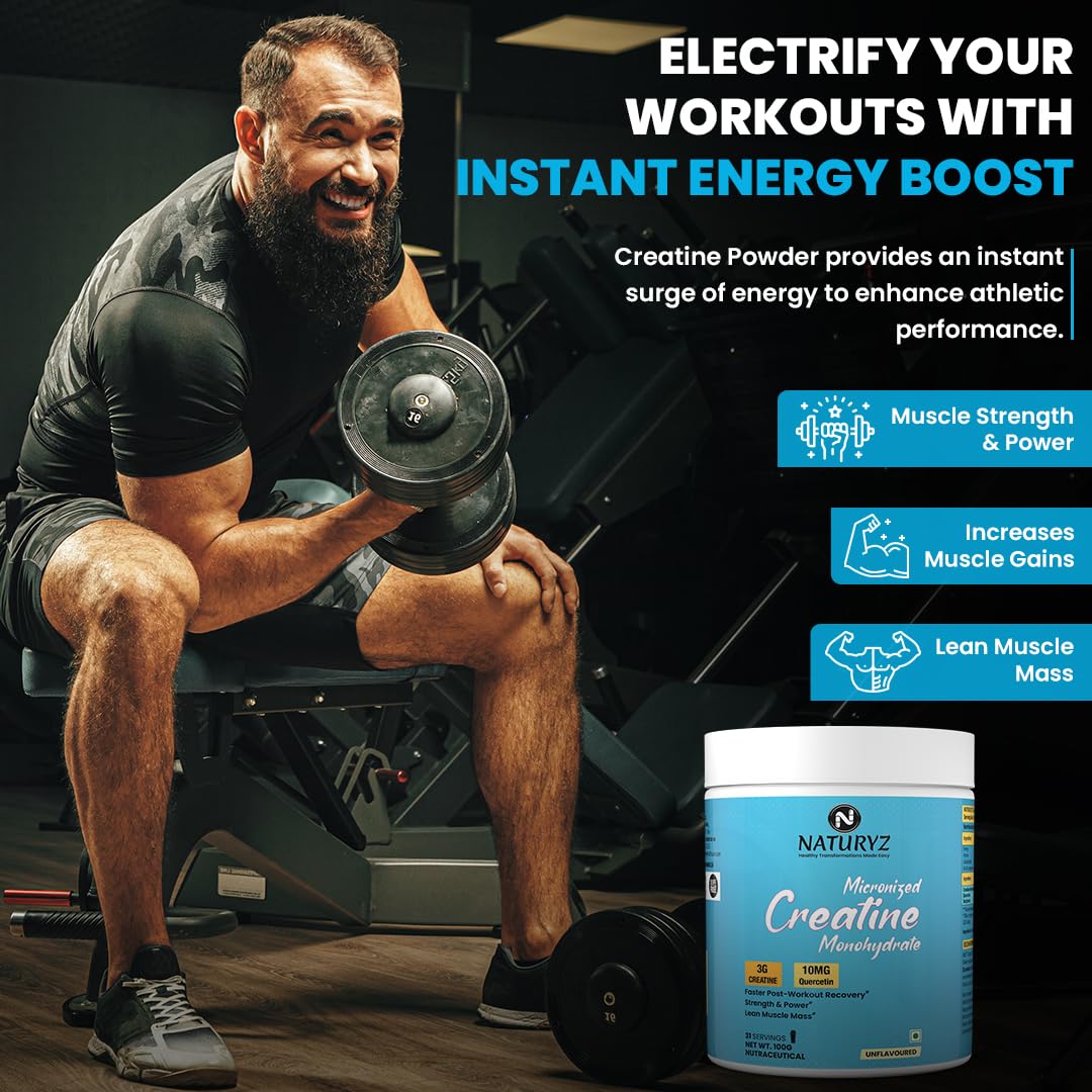 NATURYZ Pure Micronized Creatine Monohydrate | Rapid Absorption | Quercetin | Muscle Strength & Power for Intense Workout | Supports Athletic Performance | Enhances Lean Muscle Volume - 100g(Unflavoured)