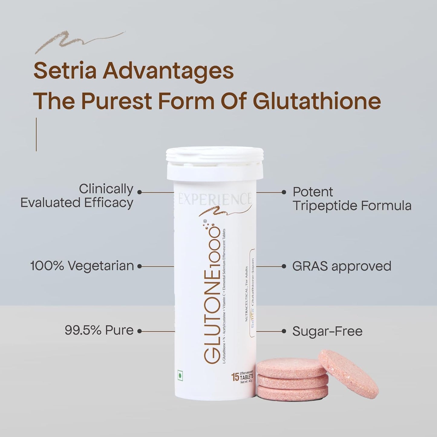 Glutone 1000 Setria L-Glutathione Tablets for Radiant & Clear Skin | 600mg Premium L-Glutathione & Vitamin C | Skin glow Brightening Supplement | 15 Effervescent Tablets | Orange Flavor (Pack of 1)