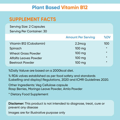 Herbalmax Plant-Based Vitamin B-12 2.2mcg â€“ 60 Veg Capsules | Boost Energy & Metabolism, Supports Healthy Nervous System, Brain Function, Mental Clarity & Focus for Men & Women