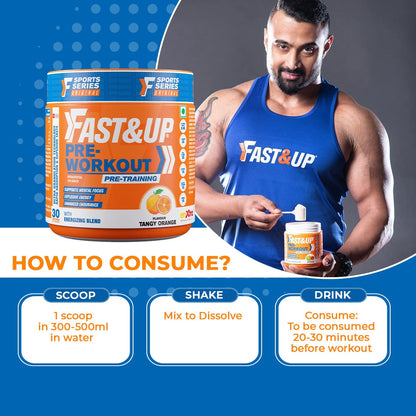 FAST&UP Pre-Workout(300 Gms,30 Servings,Orange Flavour) Powder -Supports Muscle Endurance, Pump, Energy & Mental Focus With Arginine, B-Alanine, Caffeine, Taurine, Vitamins, Minerals And Electrolytes