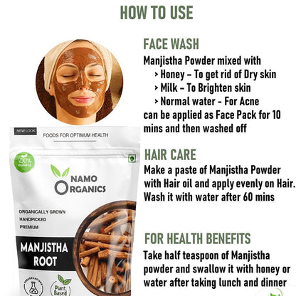 Namo Organics - Organic Manjistha Root Sticks - 200 g | 100% Pure Ayurvedic Formula | Manjistha Stick Dried for Skin, Hair, Joint & Immune Support | Ultimate Skin & Health Remedy