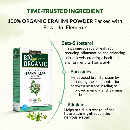 INDUS VALLEY Brahmi Leaf Powder 100g | Natural Ayurvedic Herb for Brain Health, Memory, Focus & Hair Care | Pure Bacopa Monnieri Supplement