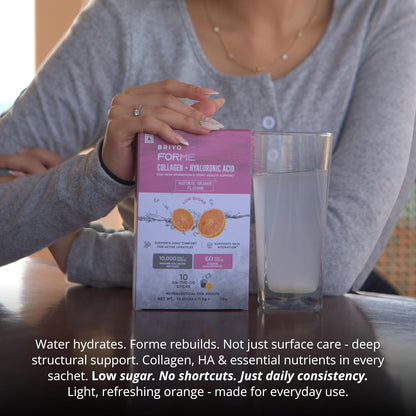 Briyo Forme Collagen + Hyaluronic Acid | 1 Sachet 10g Hydrolyzed Marine Collagen with 60mg Hyaluronic Acid | Orange Flavored Daily Drink Mix for Skin Hydration, Joint Support, Anti-Aging & Bone Strength | No Sugar