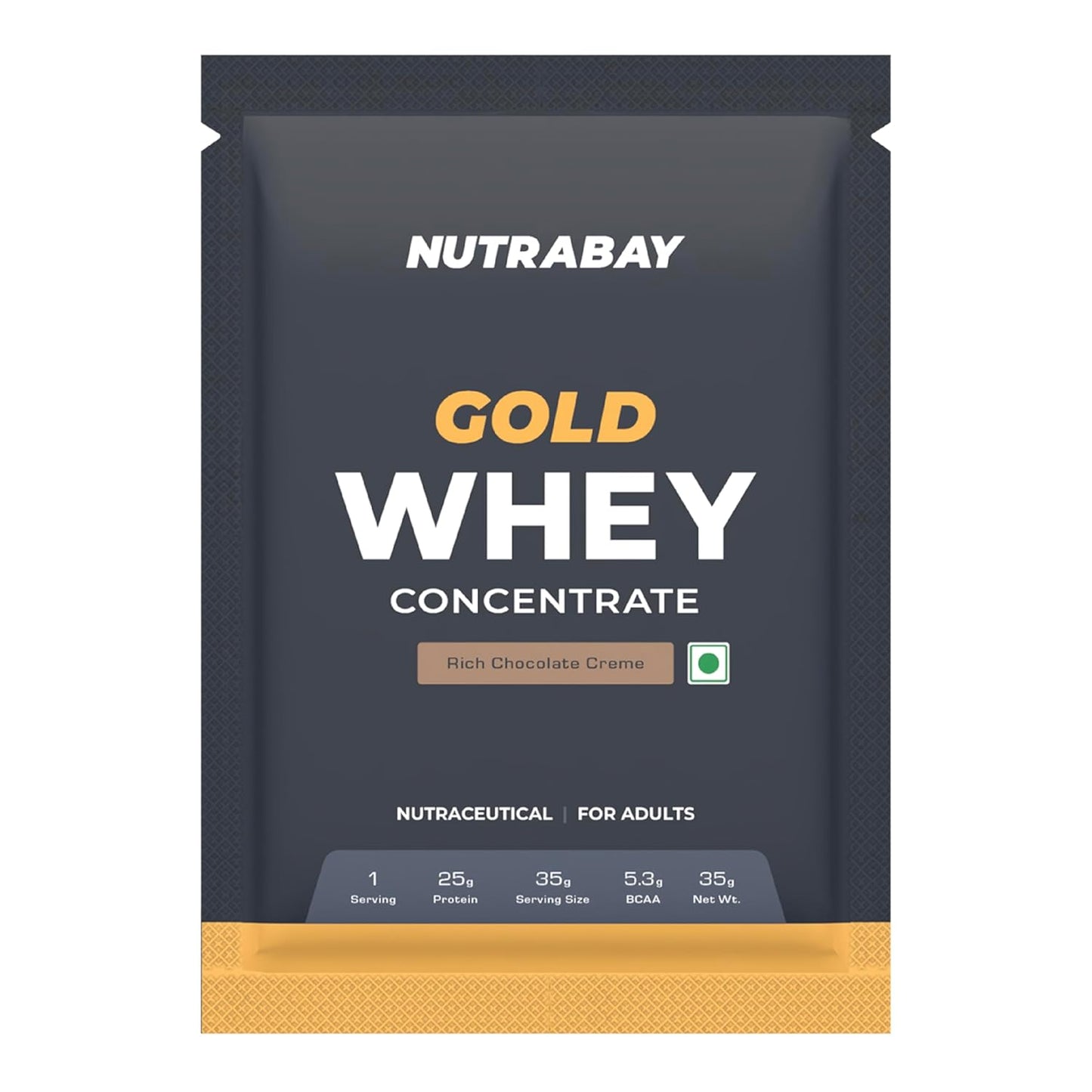 Nutrabay Gold Whey Protein Concentrate Powder 25g Protein, 5.3g BCAA â€“ Easy to Digest, NABL Lab Tested â€“ Muscle Growth & Recovery â€“ 35g, Rich Chocolate Creme | Trustified Certified 100% Authentic