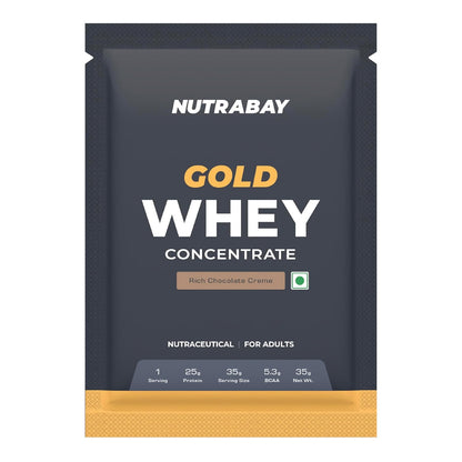 Nutrabay Gold Whey Protein Concentrate Powder 25g Protein, 5.3g BCAA â€“ Easy to Digest, NABL Lab Tested â€“ Muscle Growth & Recovery â€“ 35g, Rich Chocolate Creme | Trustified Certified 100% Authentic