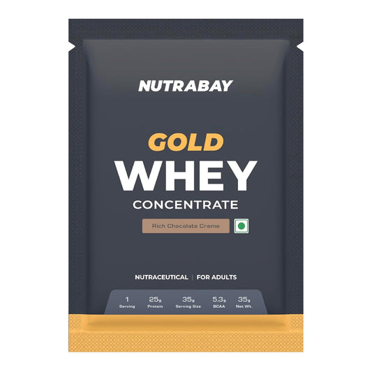 Nutrabay Gold Whey Protein Concentrate Powder 25g Protein, 5.3g BCAA â€“ Easy to Digest, NABL Lab Tested â€“ Muscle Growth & Recovery â€“ 35g, Rich Chocolate Creme | Trustified Certified 100% Authentic