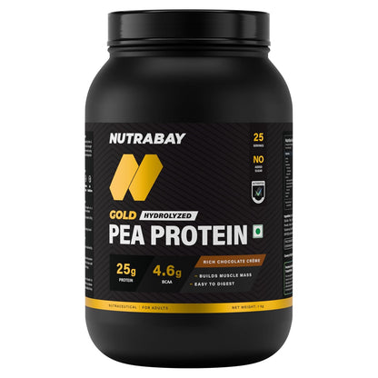 NUTRABAY Gold 100% Pea Protein Powder - 1kg, Rich Chocolate CrÃ¨me | 25g Protein, 4.6g BCAA, 5g Fiber | Complete Amino Profile | Tastiest & Smoothest Vegan, Plant Protein | Muscle Gain & Fast Recovery