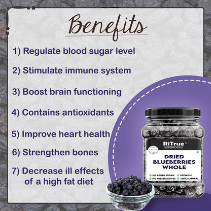 RiTrue - Original No Refined Sugar Blueberry (Seedless) - 250 Gm Jar - No Additives Blueberries Dry Fruits blue berry