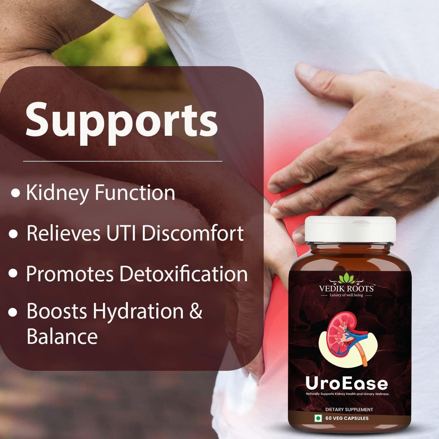 UroEase for Kidney & Uric Acid Support | Ayurvedic Supplement for Urinary Tract & Detox | Herbal Kidney Cleanse | 60 Veg Capsules