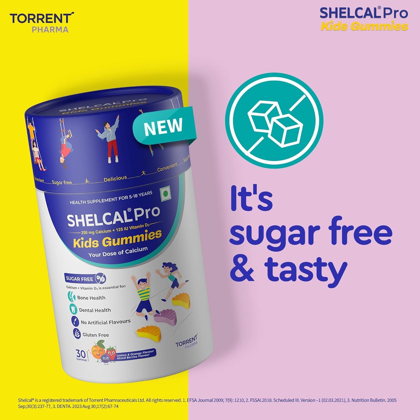 Shelcal Pro Kids Sugar Free Calcium Gummies | Calcium and Vit D3 essential for Bone & Dental Health | Lemon-Orange & Mixed Berries Flavors (30 Gummies) - By Torrent Pharma