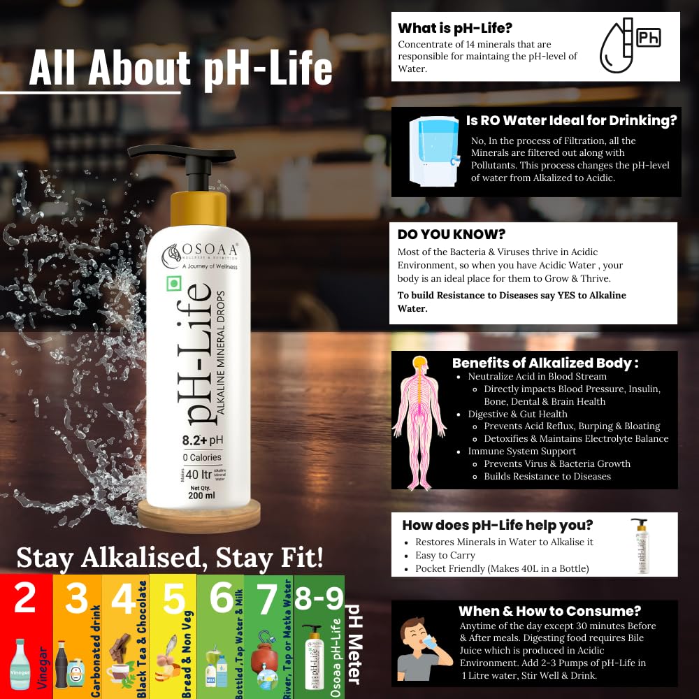 OSOAA Ph-Life Vegetarian Alkaline Mineral Water Drops (200Ml)|Makes 40L Alkaline Water|8.2+ Ph Booster Drops For Ro Water|14 Minerals,0 Calorie|Drinking Water Enhancer Liquid