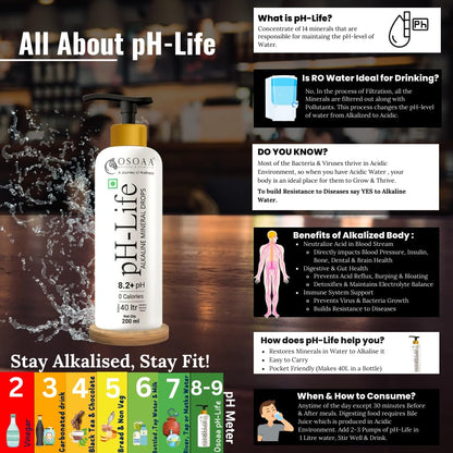 OSOAA Ph-Life Vegetarian Alkaline Mineral Water Drops (200Ml)|Makes 40L Alkaline Water|8.2+ Ph Booster Drops For Ro Water|14 Minerals,0 Calorie|Drinking Water Enhancer Liquid