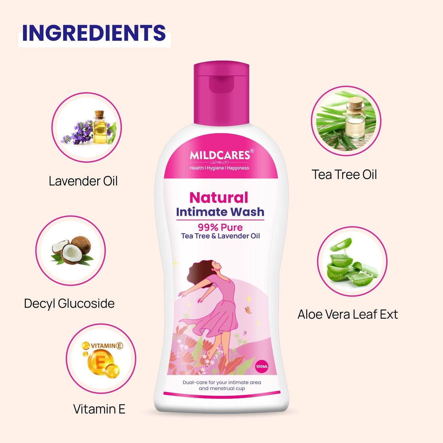 MildCares Natural Intimate Wash For Women (100ML) | With Tea Tree & Lavender Oil | Menstrual Cup Cleanser | For Itching, Irritation & Dryness | Natural, pH Balanced & hypoallergenic