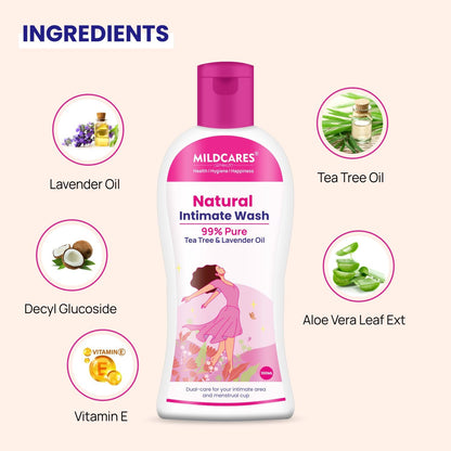 MildCares Natural Intimate Wash For Women (100ML) | With Tea Tree & Lavender Oil | Menstrual Cup Cleanser | For Itching, Irritation & Dryness | Natural, pH Balanced & hypoallergenic