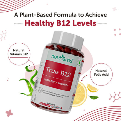 Neuherbs Plant Based Vitamin B12-60 Tablets | True B12 Supplement With Myo-Inositol, Punarnava & Spirulina | Boost Energy, Brain & Nerve Health, Promotes Metabolism | For Men & Women