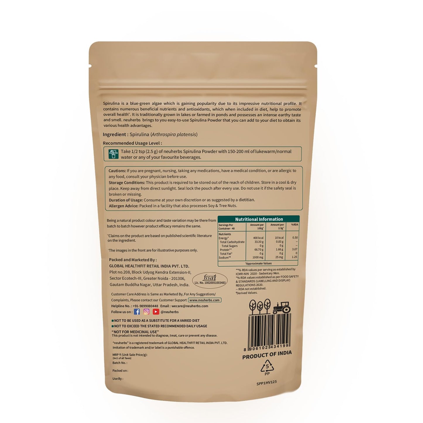 Neuherbs Spirulina Powder - 100g | Supports Energy, Immunity & Detox | Rich in Iron, Calcium, Potassium & Omega 3 6 9 | 100% Pure & Natural With No Artificial Additives