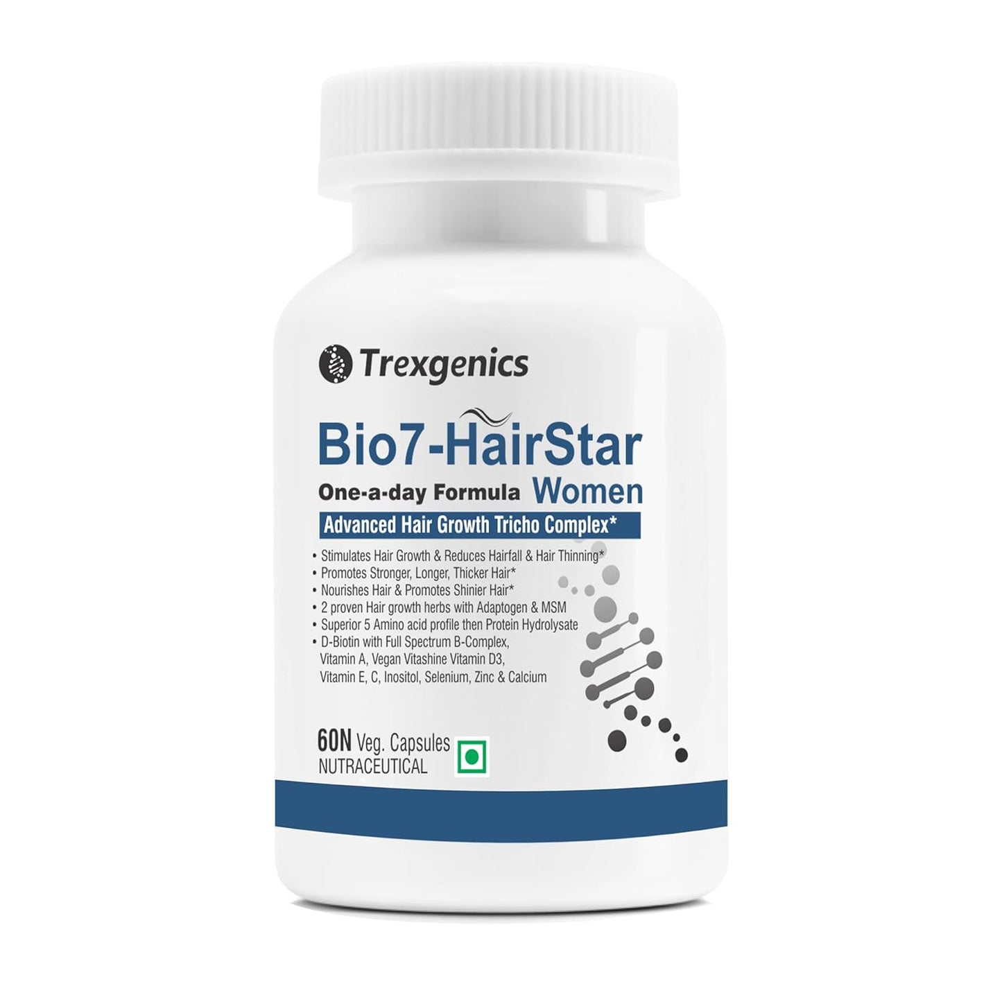 Trexgenics BIO7-HAIRSTAR WOMEN Advanced Hair Support Tricho Complex, ONE-A-DAY Vegatarian, Gluten Free(60 Veg. Capsules) (Pack of 1)