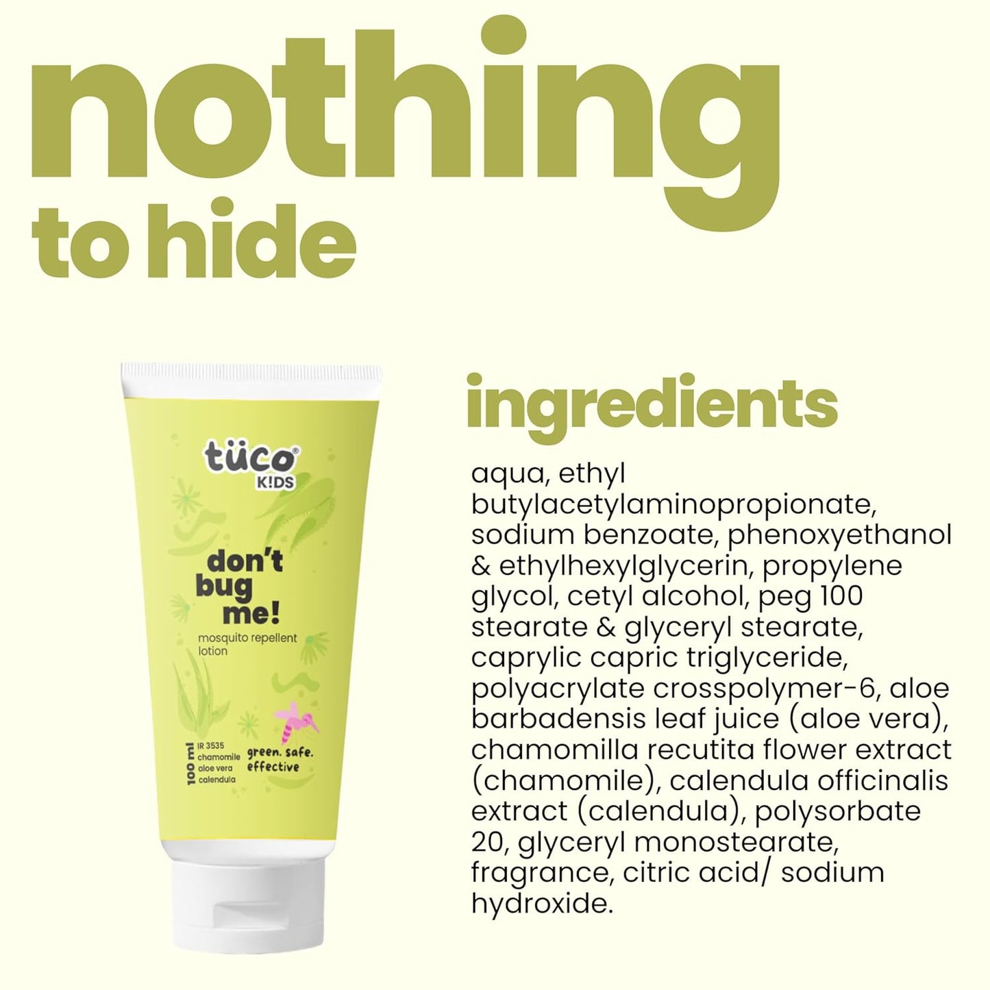 Tuco® Kids Don't Bug Me Mosquito Repellent Lotion | Chamomile, Aloe Vera and Calendula | Safe for Kids & Baby | Protects from Dengue, Malaria, Chikunguniya | DEET Free | 100% Natural with 8 hr. Protection | Age 0-10 Years | 100 ml