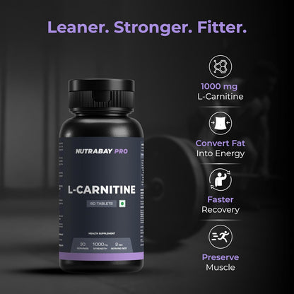 Nutrabay Pro L-Carnitine Fat Burner 1000mg per Capsule â€“ Pre Workout Supplement â€“ 60 Veg Tablets| Tested for Purity | 100% Authentic Metabolism Booster for Weight Loss Support