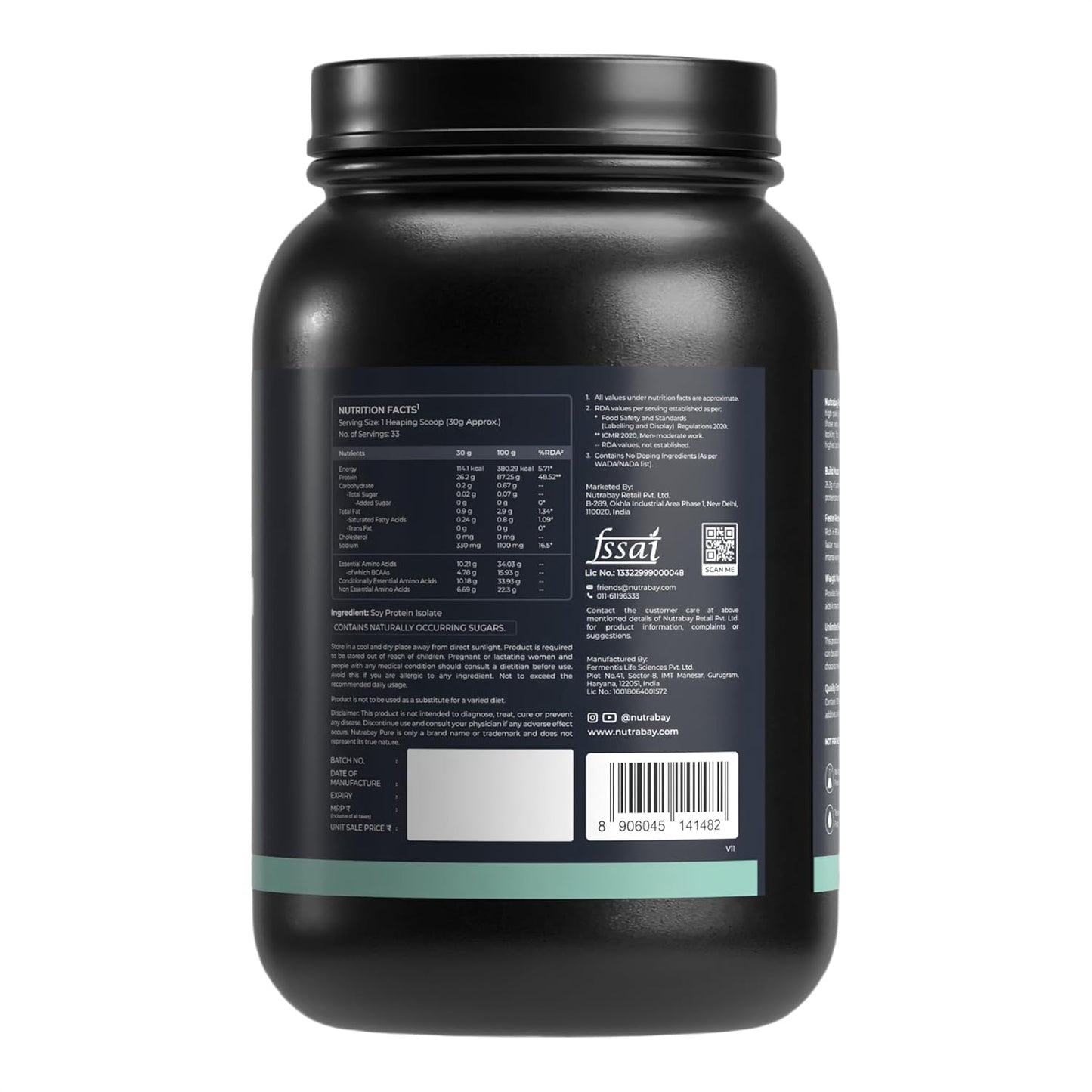 Nutrabay Pure Soy Protein Isolate Powder 26.2g Protein, 4.7g BCAA per Serving, NABL Lab Tested â€“ Easy to Digest, No Added Sugar, Vegan â€“ 1kg, Unflavoured | 100% Authentic & Clean Protein