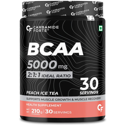 Carbamide Forte BCAA Powder 5000mg | 2:1:1 Ratio BCAA Supplement for Men & Women | Muscle Recovery & Growth | Pre & Intra Workout | Peach Ice Tea Flavour â€“ 210g