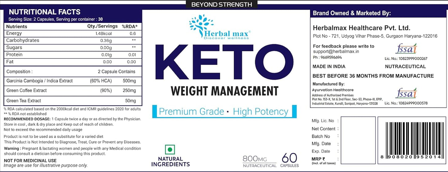 Herbal Max Keto Advanced Weight Management â€“ 800mg | 60 Capsules | With Green Tea, Garcinia Cambogia & Green Coffee Extract | Supports Fat Burn & Metabolism | For Men & Women