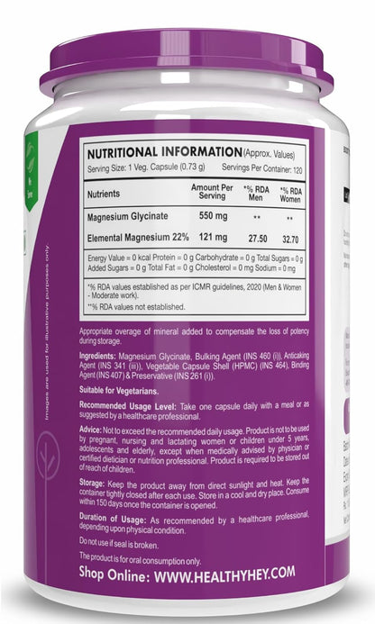 HealthyHey Nutrition Magnesium Glycinate Supplement High Absorption for Sleep, Cramps, & Nerves Health -120 Vegetable Capsules
