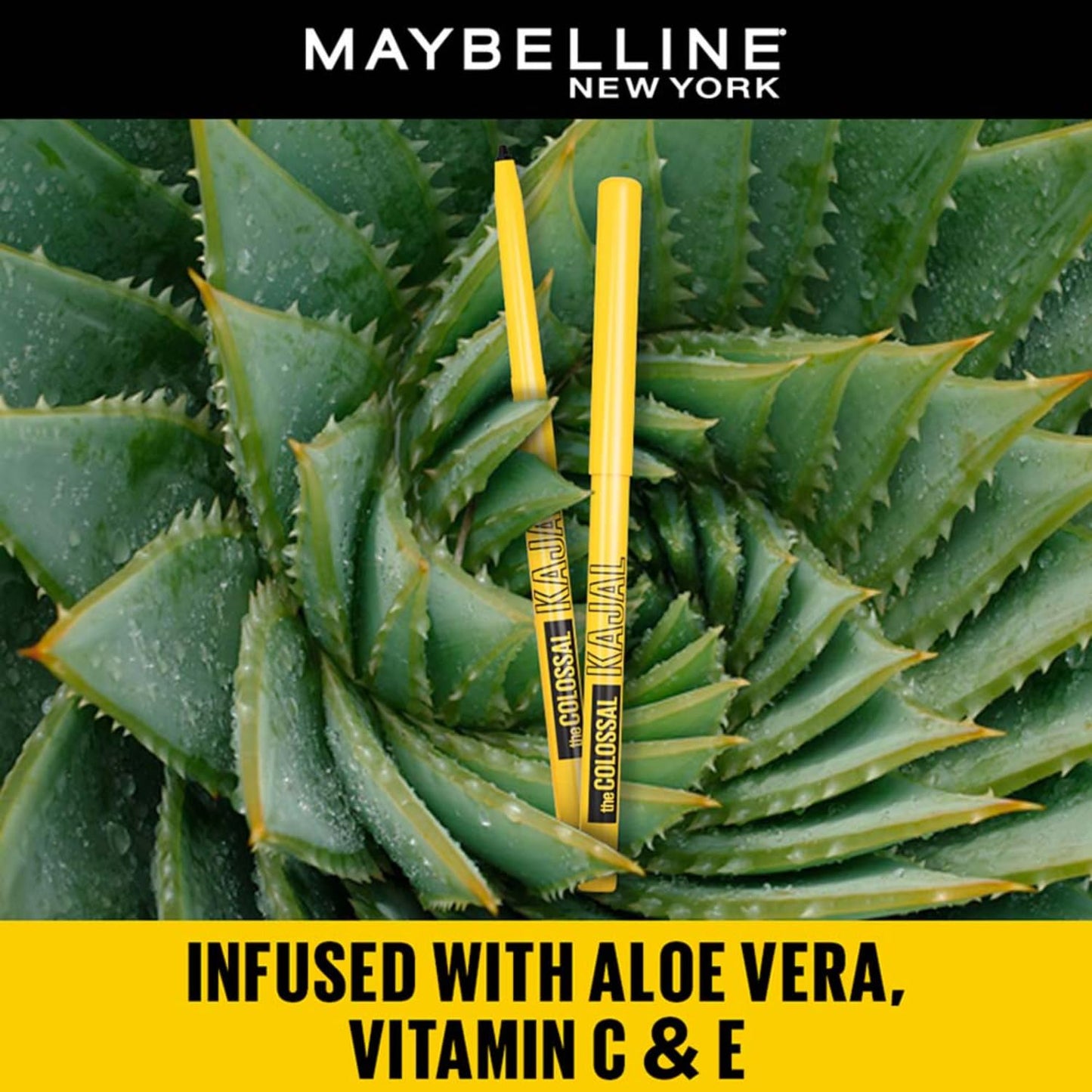 Maybelline New York Intense Colour Colossal Kajal, Black, Matte Finish, Stay Up To 24 Hours, Water-proof, Smudge Resistant, Infused With Aloe Vera & Vitamin C and Vitamin E | 0.35g