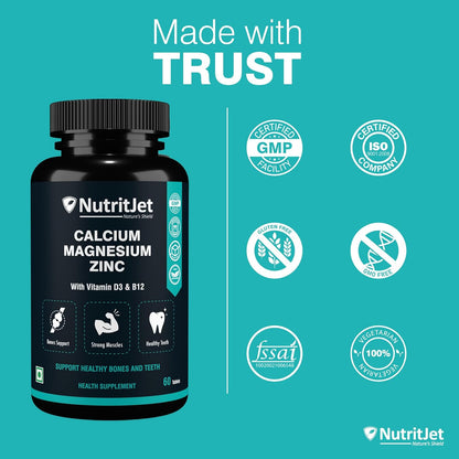 Calcium Magnesium Zinc Vitamin D3 Vitamin B12 & Vitamin K2 â€“ 60 Vegetarian Tablets for Bone Health, Joint Support, and Immunity Support for Women & Men
