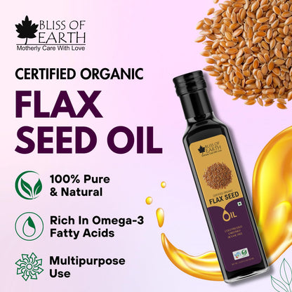 Bliss of Earth 500ML Certified Organic Flaxseed Oil for Eating & Hair, Cold Pressed & Hexane Free